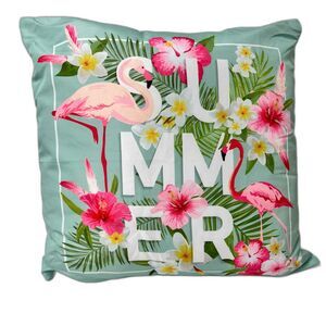 decorative summer pink flamingo and floral pillow.